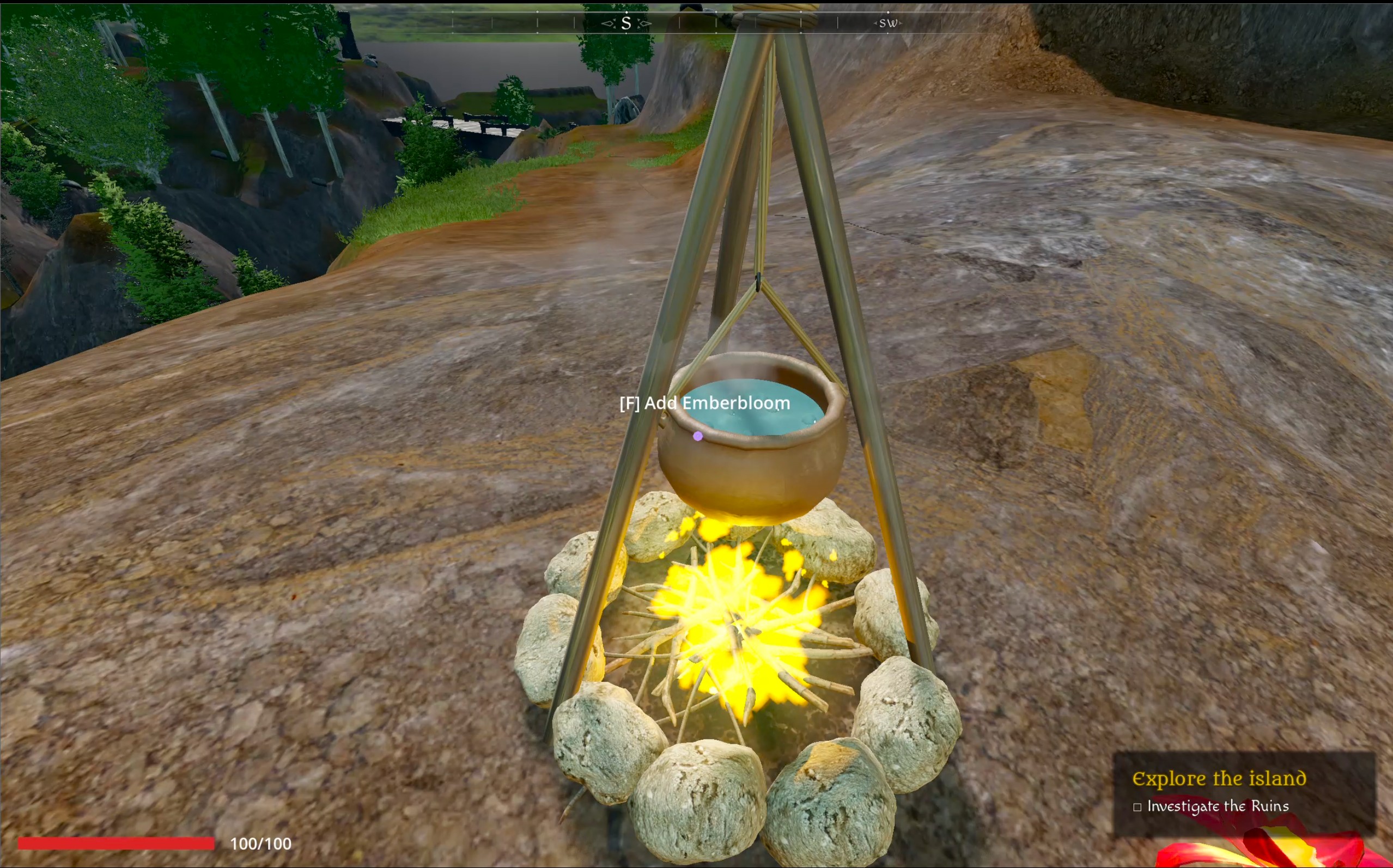 Clay pot brewing a potion over campfire